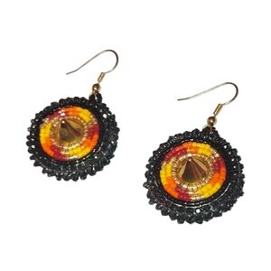 Black Orange & Gold Beaded 1" Round Earrings With Center Golden Point
